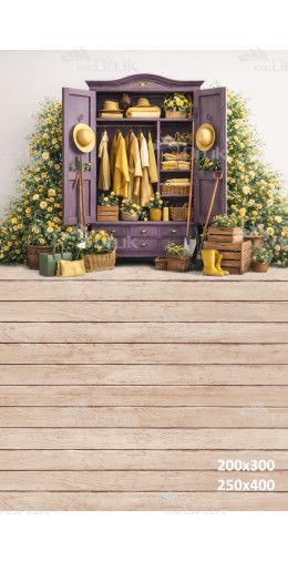 Tło fotograficzne „Wiosenna szafa ogrodnika w żółtych kwiatach” | E822